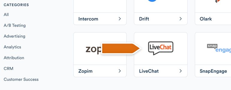 Choose LiveChat from the list of available integrations Choose LiveChat from the list of available integrations