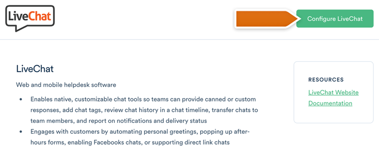Click on Configure LiveChat to proceed Click on Configure LiveChat to proceed