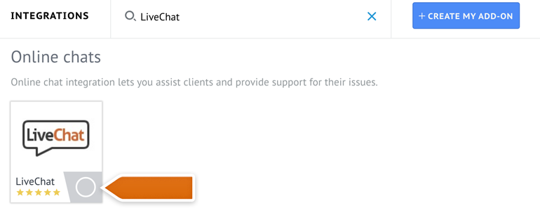 Choose LiveChat from the list of integrations Choose LiveChat from the list of integrations