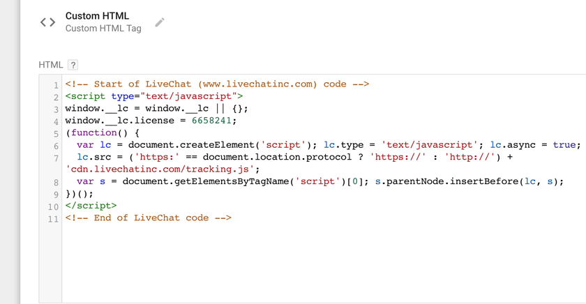 Entering LiveChat code in Google Tag Manager