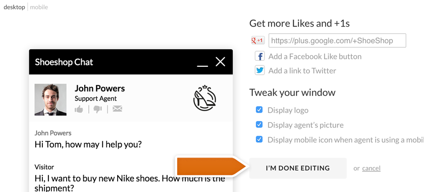 Clicking on I'm done editing to store button in LiveChat
