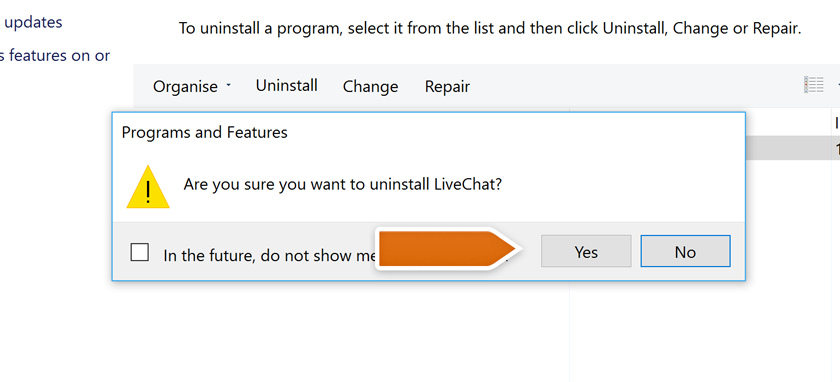 Confirming LiveChat uninstall process Confirming LiveChat uninstall process