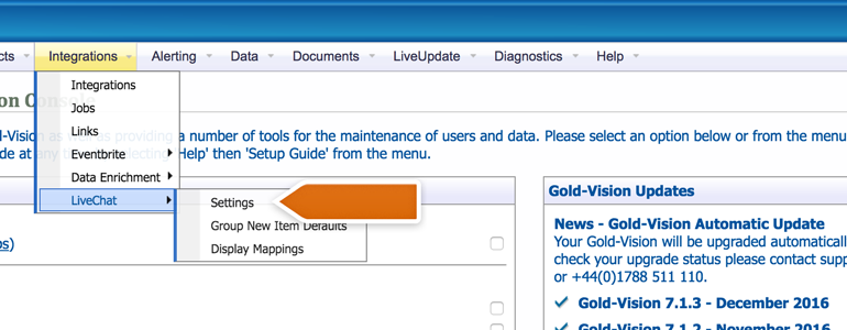 Enter LiveChat Settings in Gold-Vision Administration Console Enter LiveChat Settings in Gold-Vision Administration Console