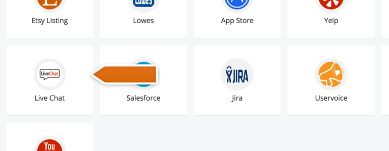 Choose LiveChat from the list of integrations Choose LiveChat from the list of integrations