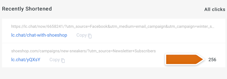 Check out all of your shortened links in the Recently Shortened section Check out all of your shortened links in the Recently Shortened section