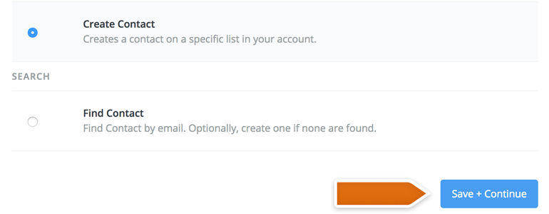 Choose Create Contact as an action Choose Create Contact as an action