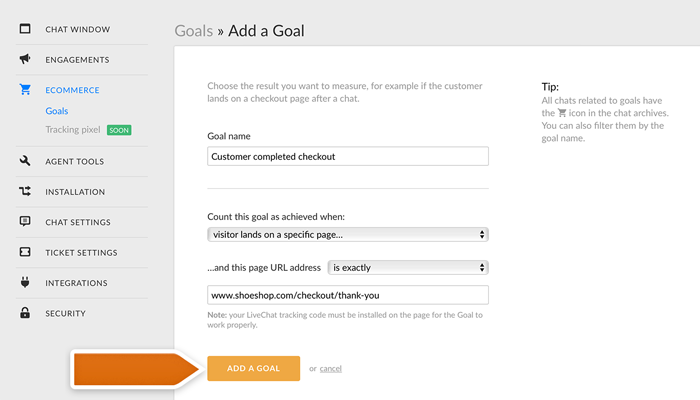 Adding a page URL Goal in LiveChat Adding a page URL Goal in LiveChat