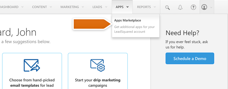 Log into your LeadSqaured and go to Apps Market Log into your LeadSquared and go to Apps Market