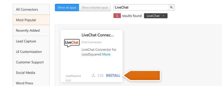 Look for LiveChat and click on Install to continue Look for LiveChat and click on Install to continue
