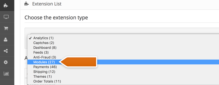 Choose Modules as the Extension Type Choose Modules as the Extension Type