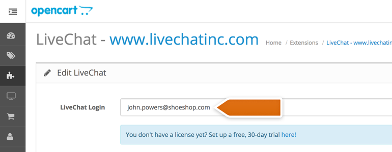 Provide your LiveChat email address in the LiveChat Login field Provide your LiveChat email address in the LiveChat Login field