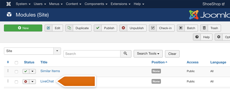 Choose LiveChat to configure the plugin Choose LiveChat to configure the plugin