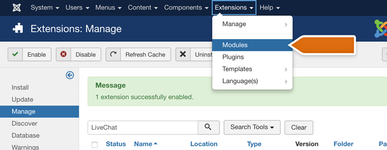Go to Modules to configure your LiveChat plugin Go to Modules to configure your LiveChat plugin
