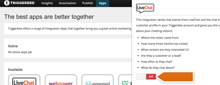 Toggle the On/off button to activate the integration Toggle the On/off button to activate the integration
