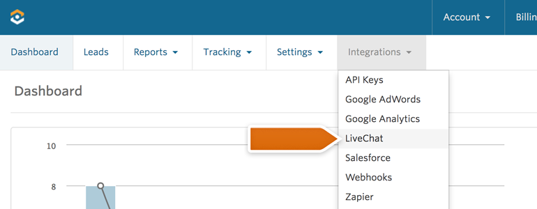 Log into your WhatConverts and go to Integrations and then LiveChat Log into your WhatConverts and go to Integrations and then LiveChat