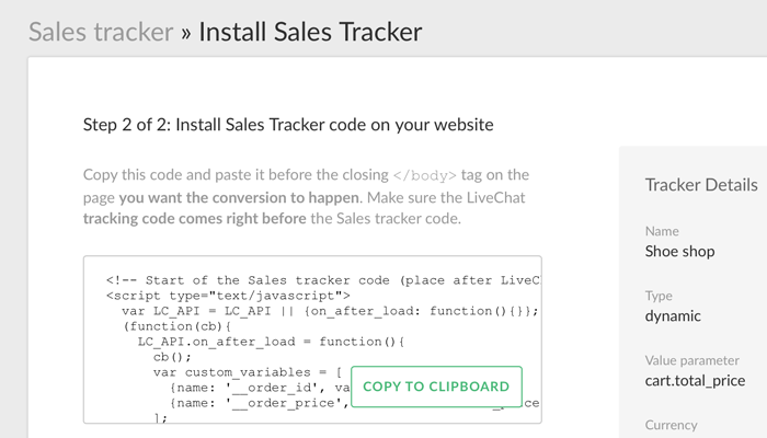 Getting the tracker code for the LiveChat Sales Tracker Getting the tracker code for the LiveChat Sales Tracker
